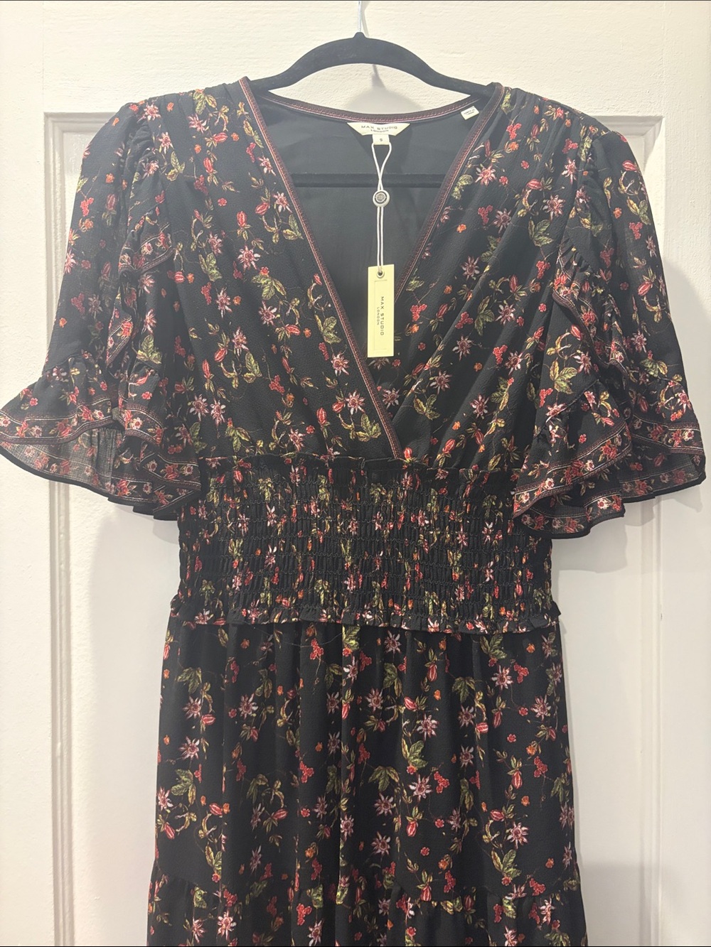 NWT Max Studio Black Floral V-Neck Smocked Waist Midi Dress